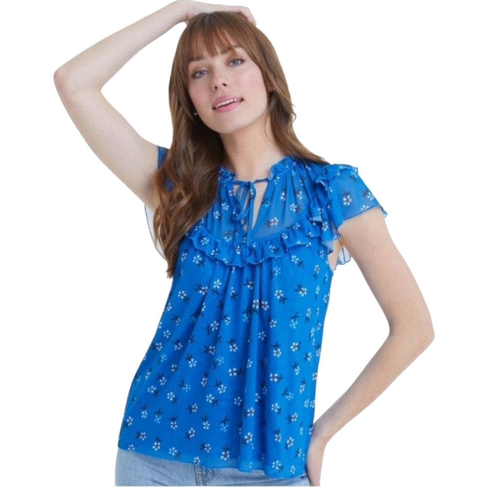 Draper James Raelynn Ruffle Daisy Floral Top Sz L Aster Blue